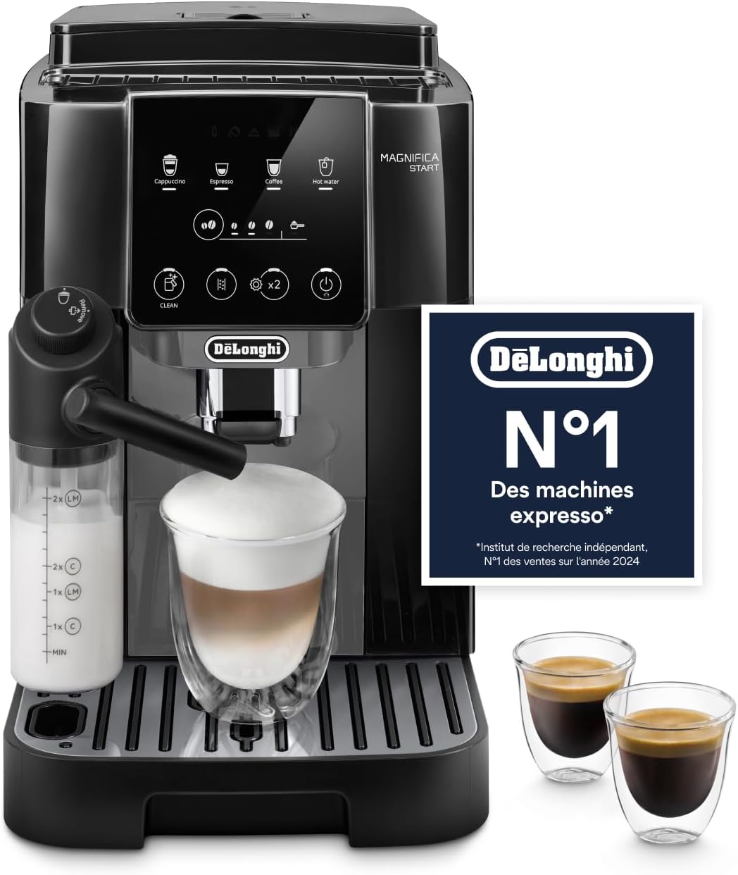 De’Longhi Magnifica Start - Perfetto Machine à Café Automatique avec LatteCrema Mousseur à Lait Automatique, 4 Boissons Enregistrées, Commandes Soft Touch, Noir et Gris (ECAM222.60.BG)