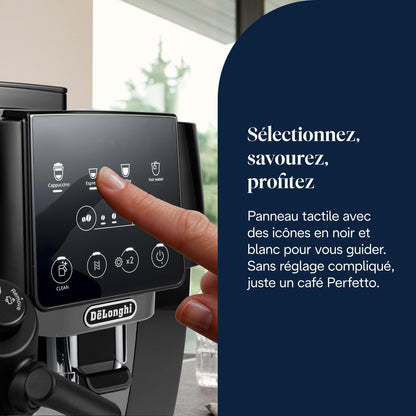 De’Longhi Magnifica Start - Perfetto Machine à Café Automatique avec LatteCrema Mousseur à Lait Automatique, 4 Boissons Enregistrées, Commandes Soft Touch, Noir et Gris (ECAM222.60.BG)