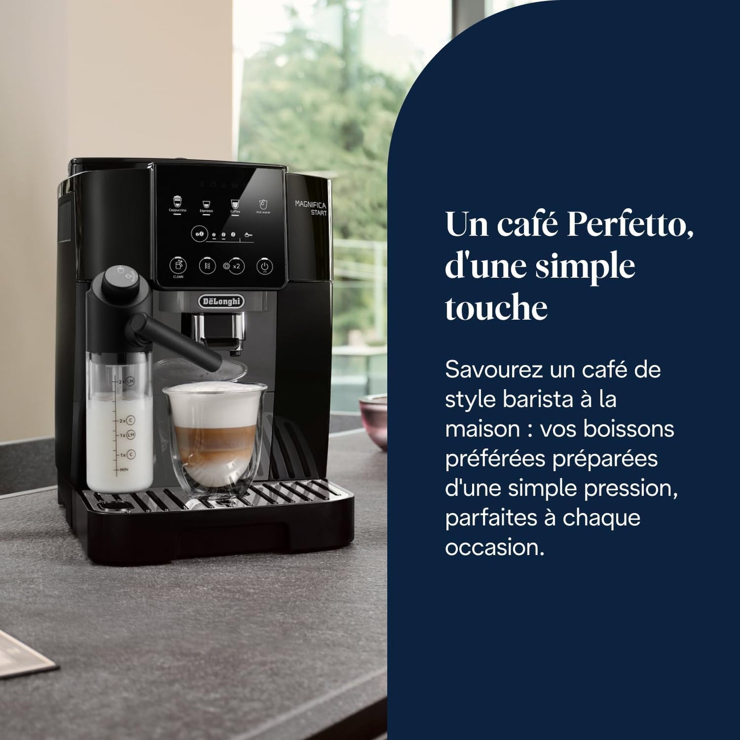 De’Longhi Magnifica Start - Perfetto Machine à Café Automatique avec LatteCrema Mousseur à Lait Automatique, 4 Boissons Enregistrées, Commandes Soft Touch, Noir et Gris (ECAM222.60.BG)